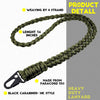 A close-up of a dark olive green paracord lanyard with a black carabiner clip, showing the weaving detail and length.