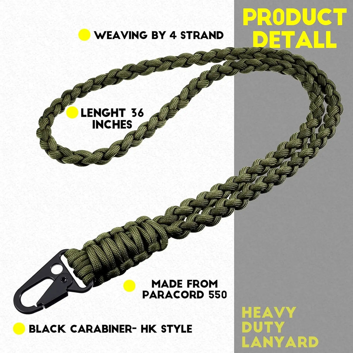 A close-up of a dark olive green paracord lanyard with a black carabiner clip, showing the weaving detail and length.