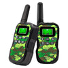 A pair of black and green walkie-talkies with digital displays are shown against a white background.