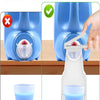 A white laundry detergent cup holder with a drip tray is shown next to a blue detergent cup.