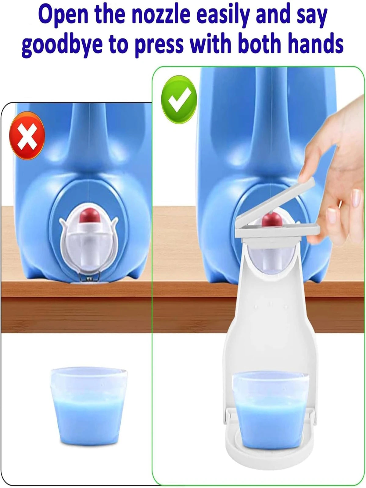 A white laundry detergent cup holder with a drip tray is shown next to a blue detergent cup.