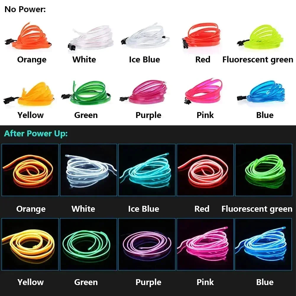 A grid showing various colors of flexible USB-powered neon accent light strips including orange, white, ice blue, red, fluore