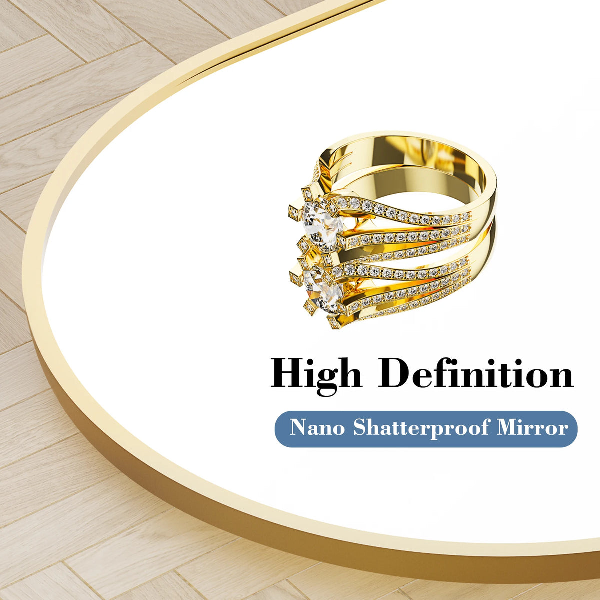 A close-up of a gold-toned ring with diamond accents displayed on a white background.