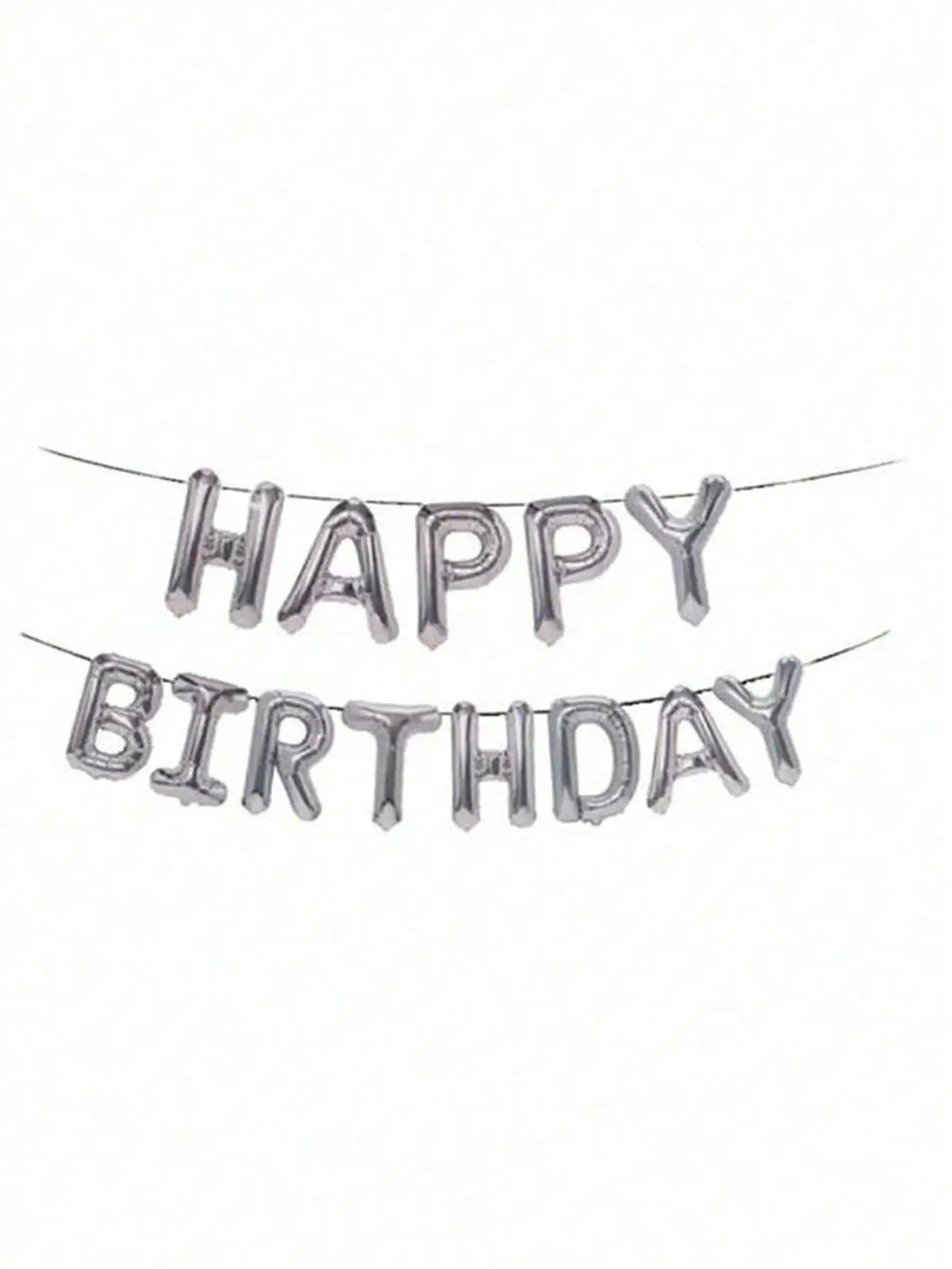 A string of silver foil numbers spelling HAPPY BIRTHDAY used for balloon garlands.