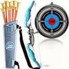 A blue and white kids archery bow and arrow set with suction cups next to a target board.