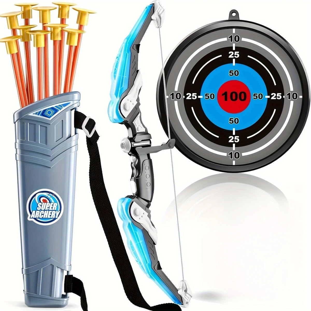 A blue and white kids archery bow and arrow set with suction cups next to a target board.