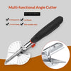 A black multi-functional angle cutter with a metal blade and a protractor scale for cutting plastic and wood slats.
