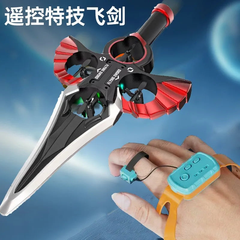 A close-up of an RC Flying Sword model with red and black components, held by a hand.