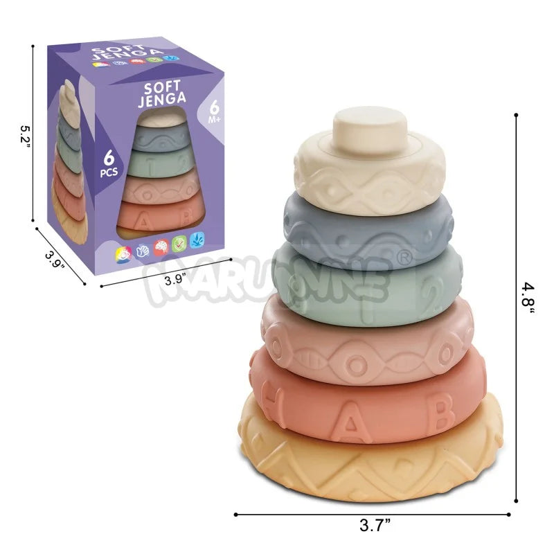 A set of six soft silicone stacking rings in pastel colors for babies