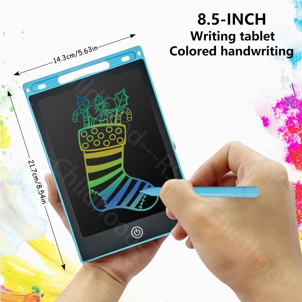 A hand writes on an 8.5-inch LCD writing tablet, demonstrating colored handwriting.