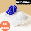 A blue baseball cap and a white baseball cap are displayed on a white surface with a new arrival banner.