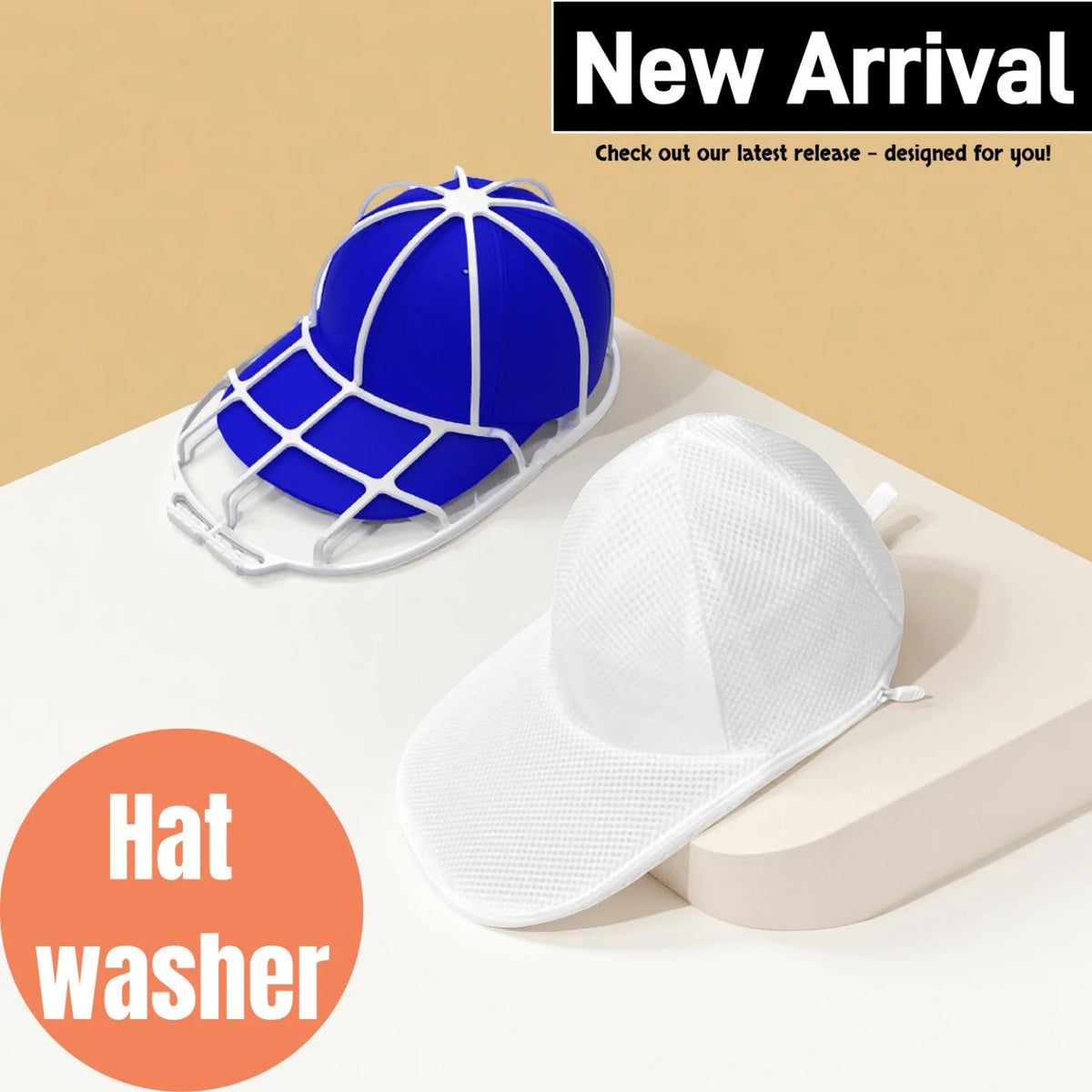 A blue baseball cap and a white baseball cap are displayed on a white surface with a new arrival banner.