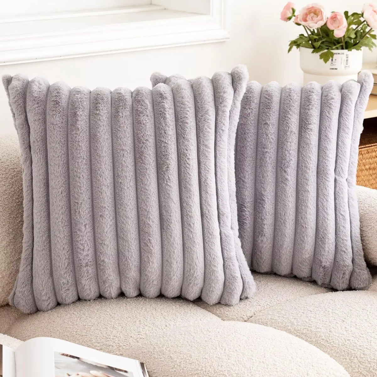 Gray plush faux fur square cushion cover with vertical stripe detail