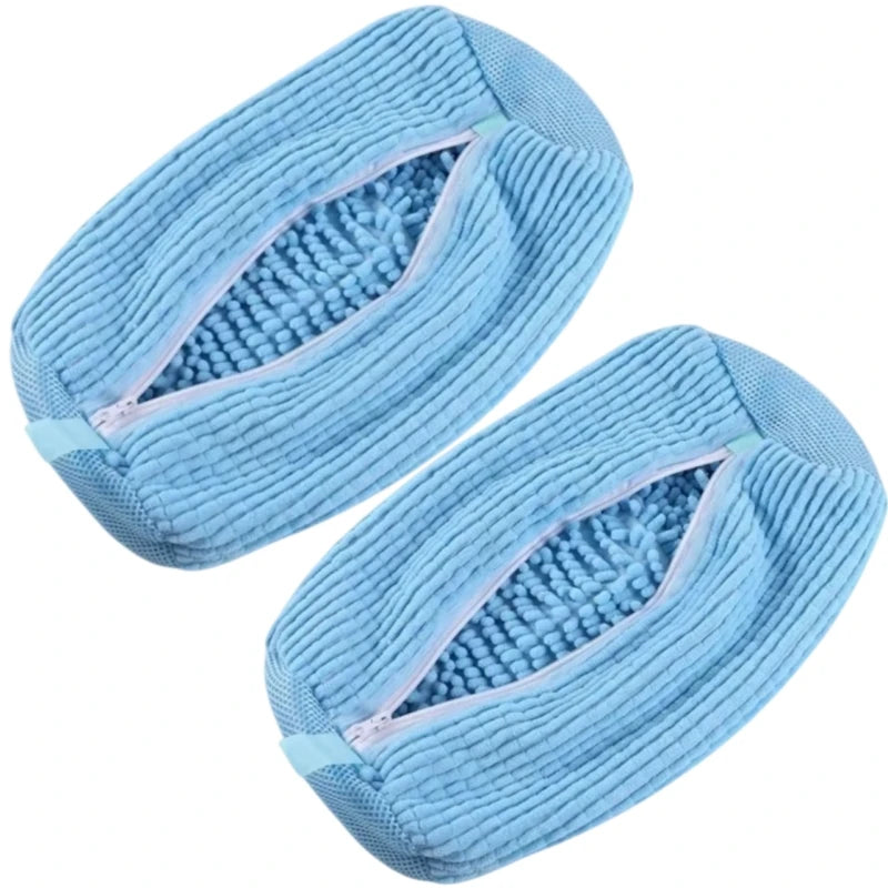 Light blue shoe washing machine bag with a soft bristled cleaning brush set