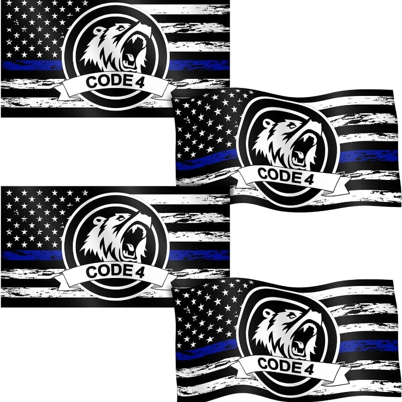 A set of four black and white striped flags featuring a silhouette of a bear head and the text CODE 4 on an American flag bac