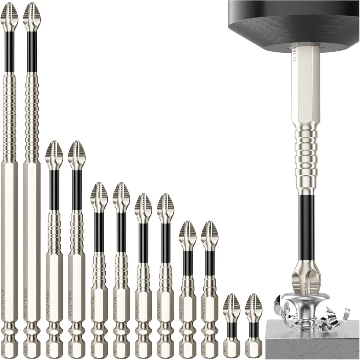 A collection of twelve magnetic screwdriver bits with non-slip designs displayed vertically.
