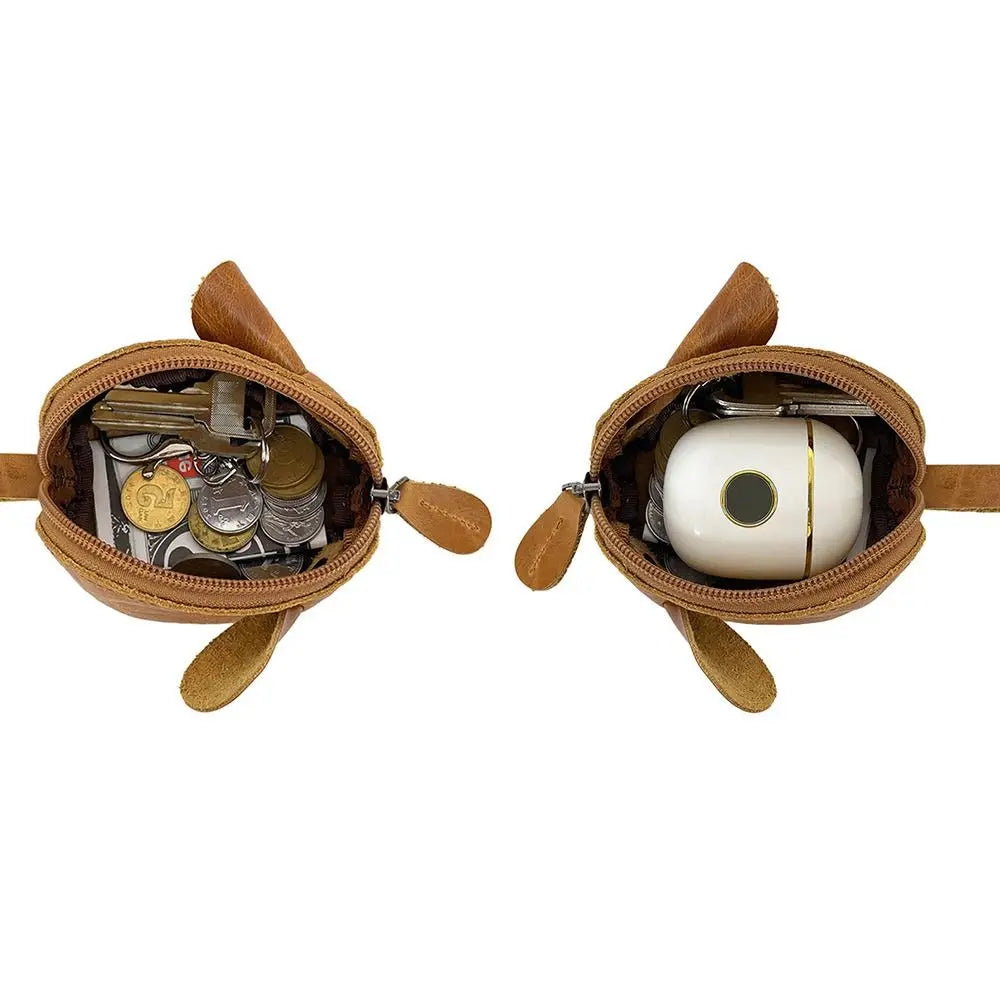 Genuine leather cartoon mouse coin purse with a gold-colored coin inside
