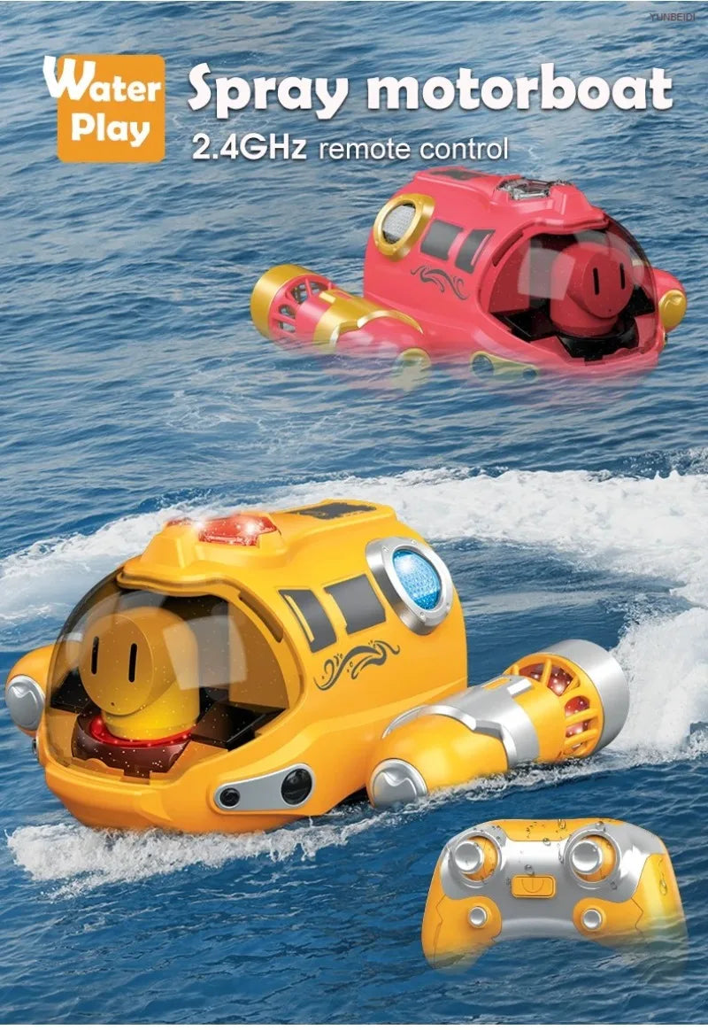 A pink remote control spray motorboat is flying over blue water, with a yellow controller visible below.