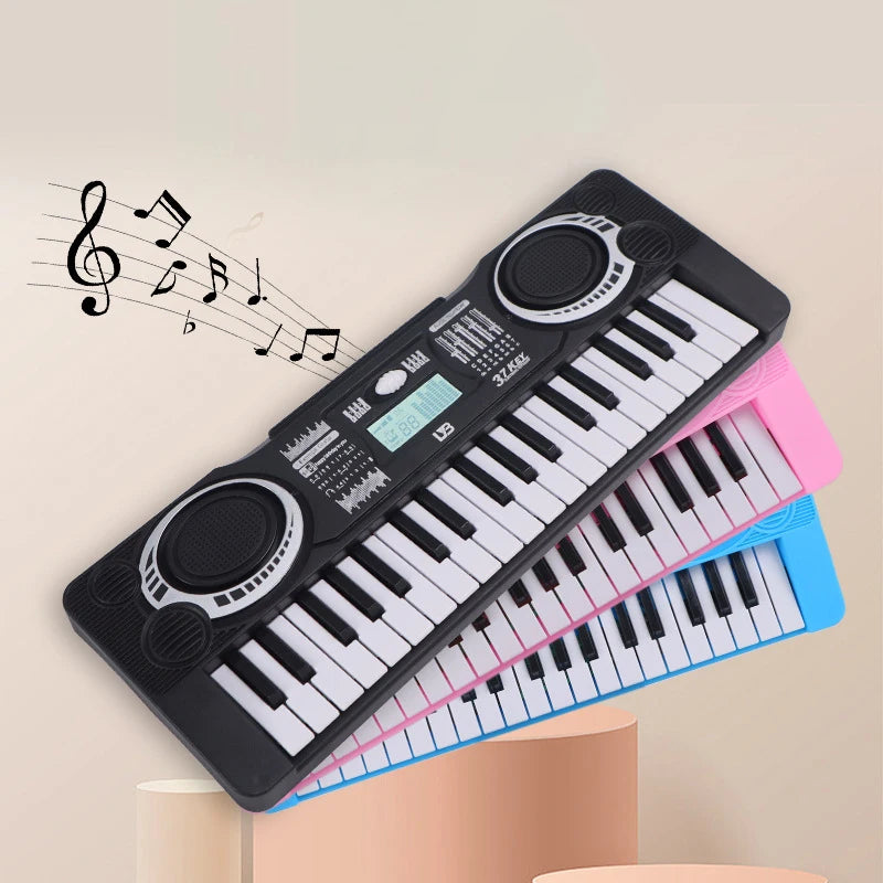 A black 37-key electronic piano with an LED display and microphone is shown diagonally against a light background.