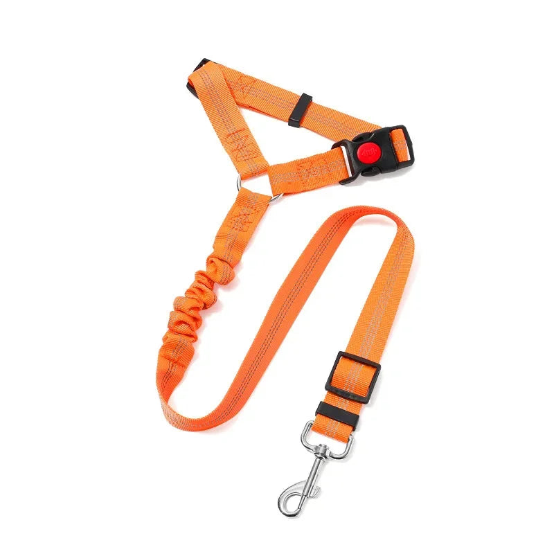 Orange adjustable reflective dog car safety harness with a 2-in-1 headrest strap