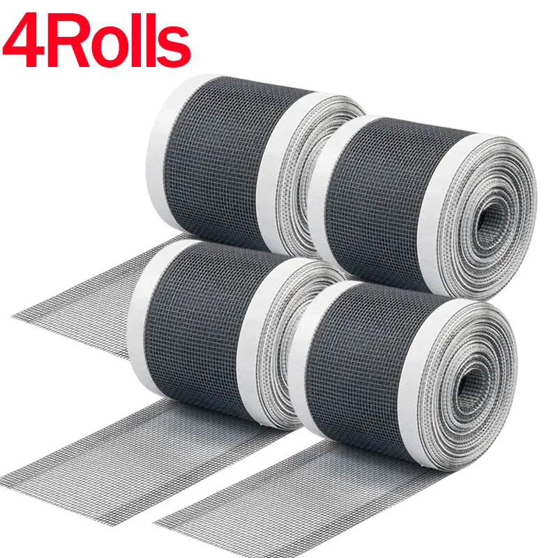 Rolls of window screen repair tape showing various sizes and adhesive mesh patches.