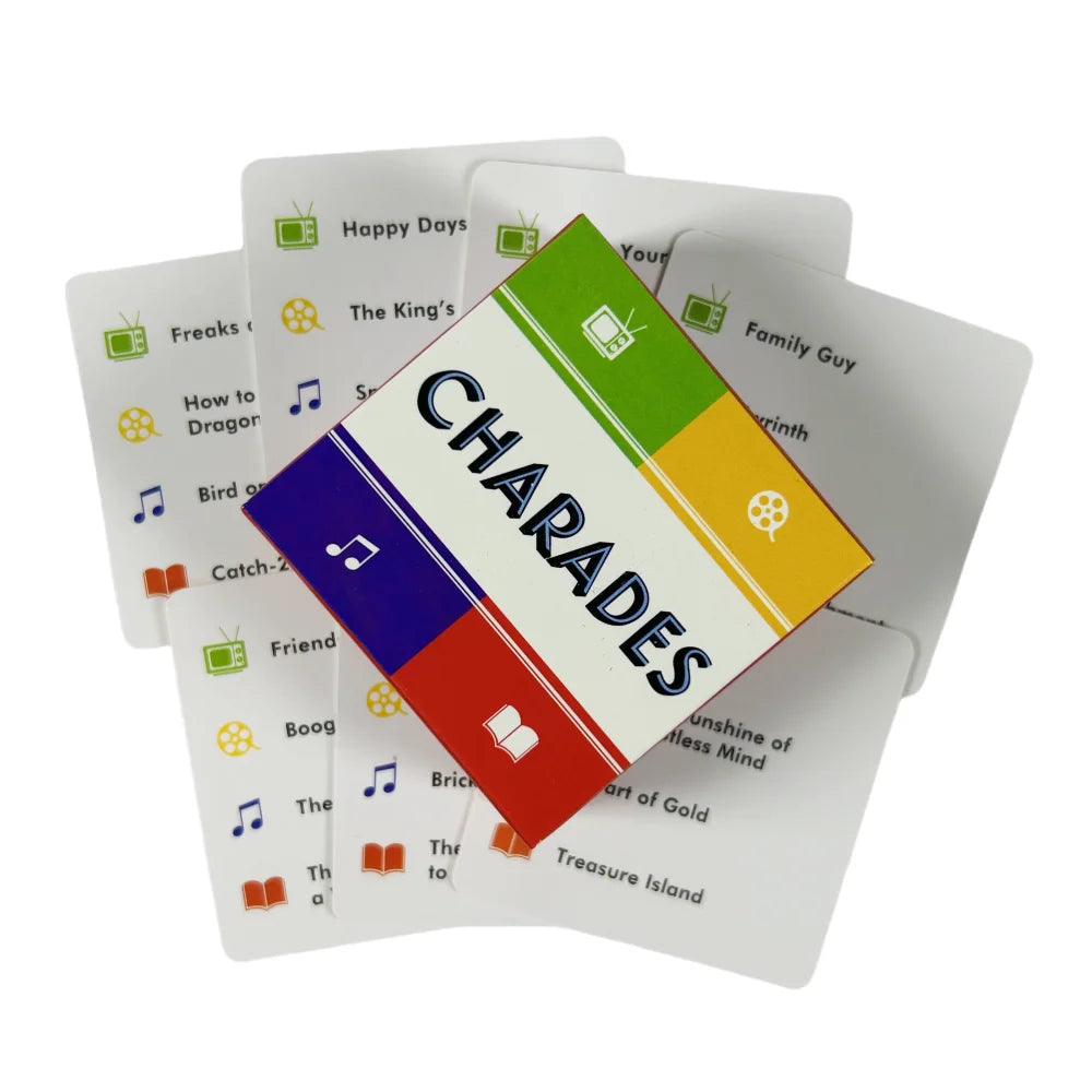 A fan of Charades card game featuring various themed cards like Happy Days and Family Guy.