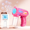 A pink bubble gun is shown firing bubbles against a light pink background, with an empty bottle and more bubbles visible.