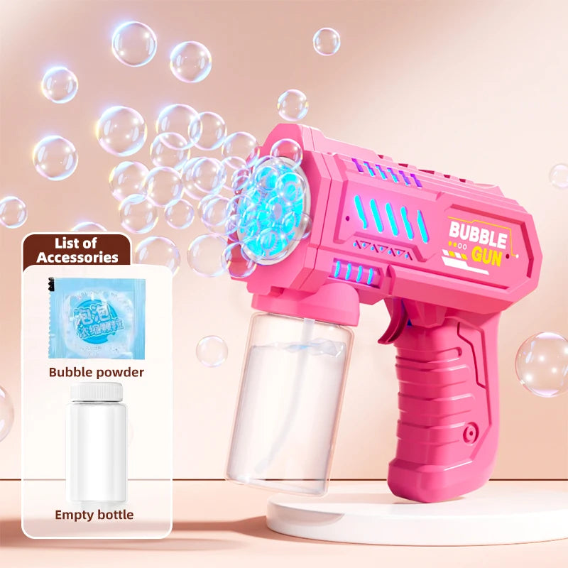 A pink bubble gun is shown firing bubbles against a light pink background, with an empty bottle and more bubbles visible.