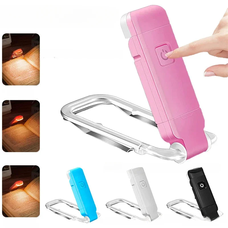 Luz de libro rosa con clip plateado y versión negra junto a otros colores