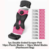 Pink double-ended scraper set with plastic and metal blades for adhesive removal