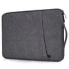 A dark gray waterproof laptop sleeve with a handle is shown from the side.
