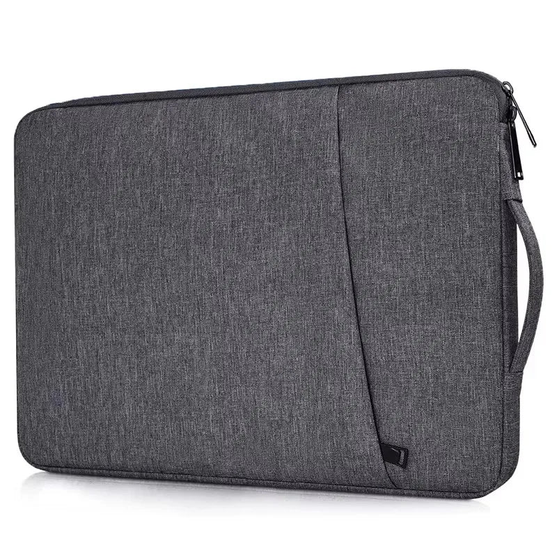 A dark gray waterproof laptop sleeve with a handle is shown from the side.