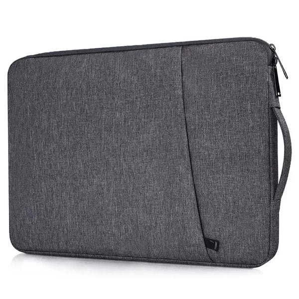 A dark gray waterproof laptop sleeve with a handle is shown from the side.