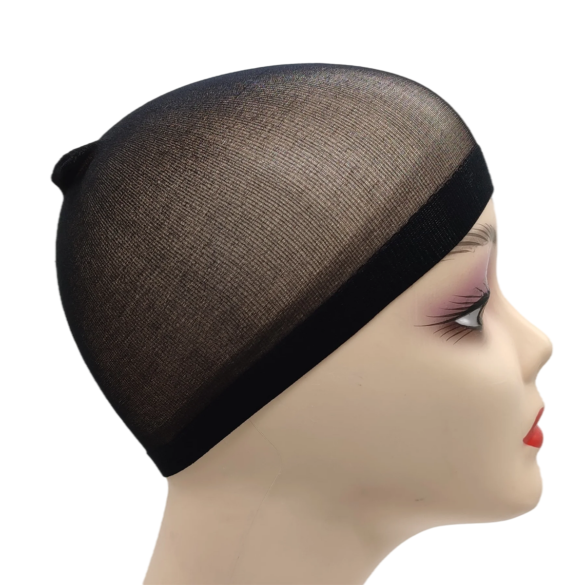 A close-up of a black breathable mesh wig cap displayed on a mannequin head.