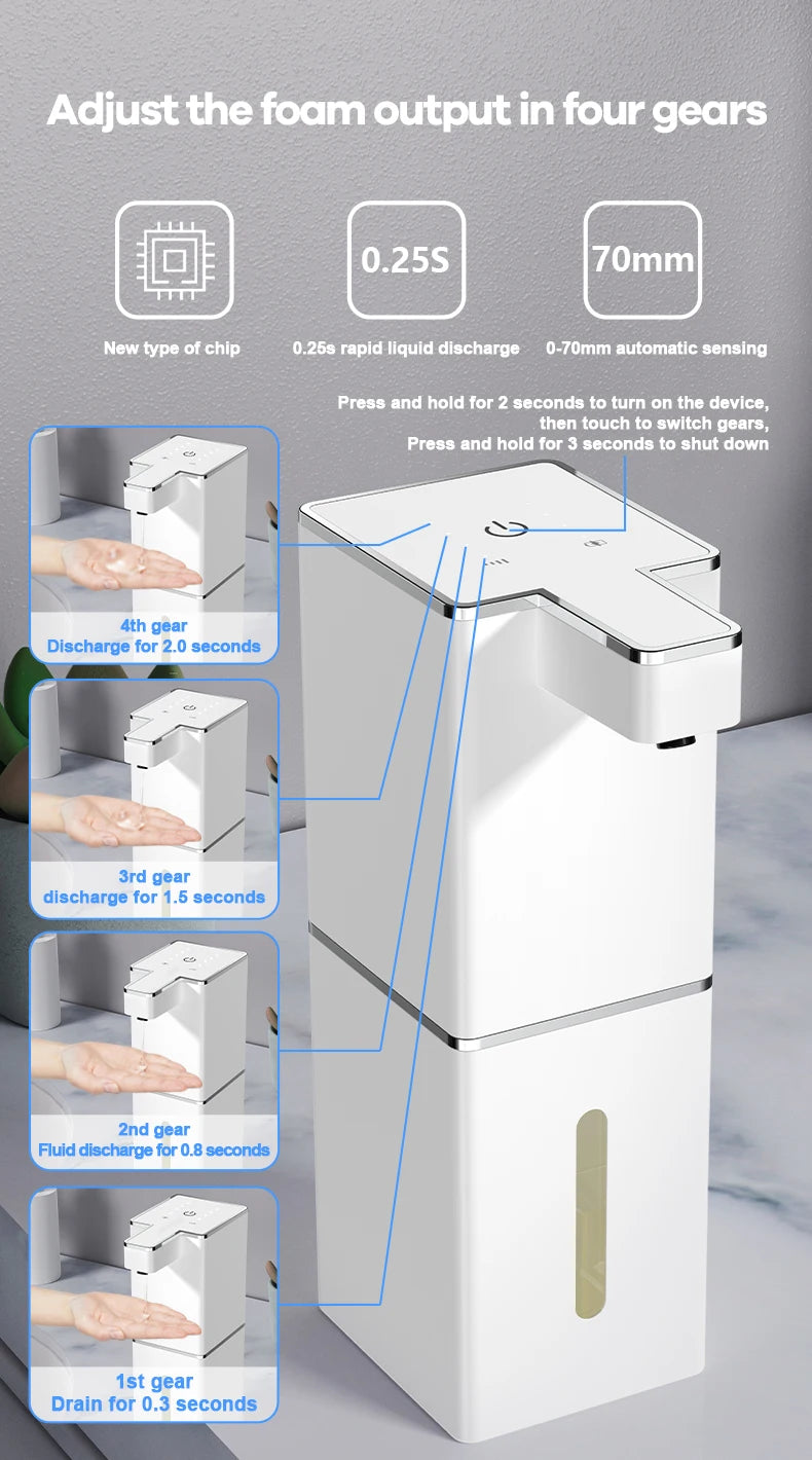 A white touchless infrared smart soap dispenser showing four gears for adjusting foam output and liquid discharge times.