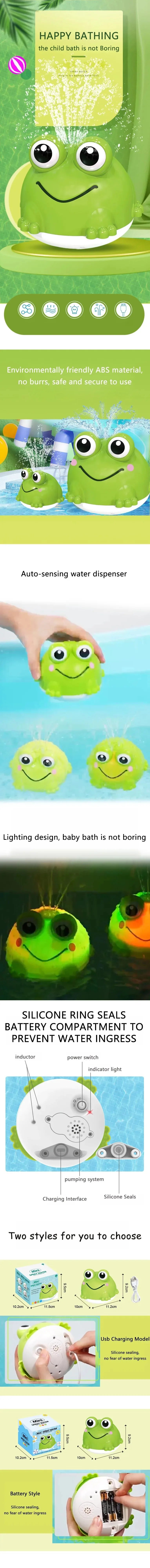 A green silicone bath toy shaped like a frog or whale is shown with an auto-sensing water dispenser.