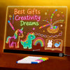 An LED drawing board displays colorful drawings of a unicorn, a dinosaur, and a rainbow with pens and stars.