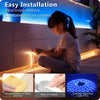 A child is applying an adjustable LED strip light to a surface, demonstrating easy installation.