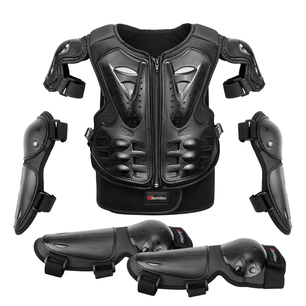 Black kids motocross body armor set including a chest protector and elbow and knee pads