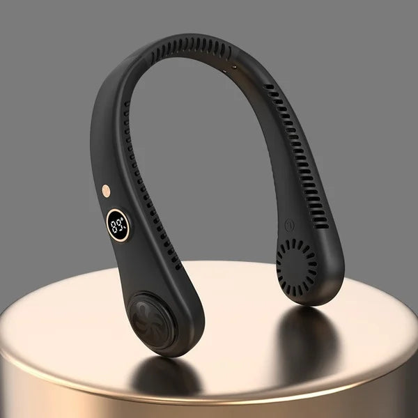A black hands-free bladeless neck fan with a digital display is shown resting on a light surface.