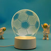 A glowing wireframe soccer ball is suspended above a white base, with small astronaut figures in the background.
