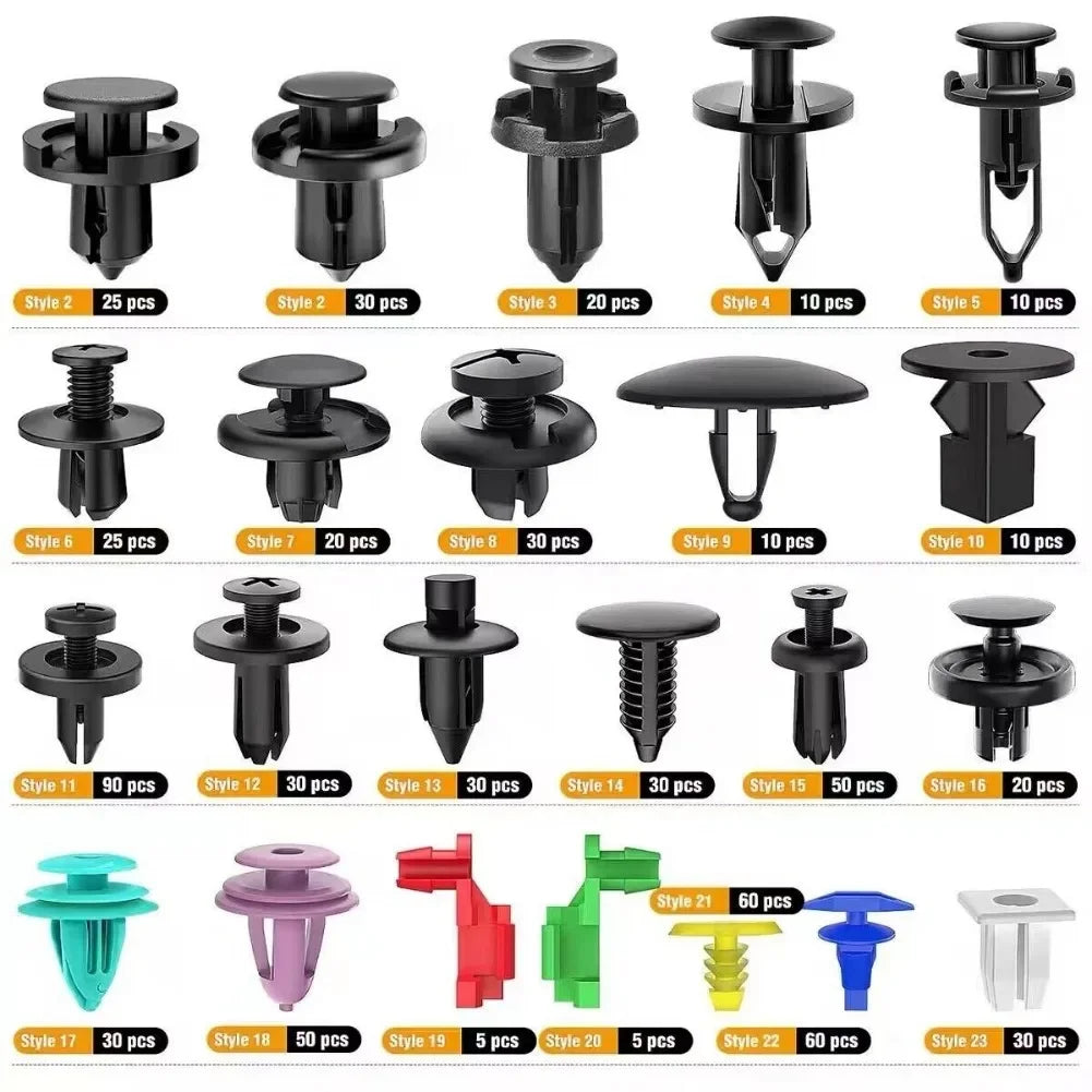 Assortment kit of plastic push-pin auto trim fasteners in various styles and colors.