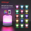 An RGB light color change night light is shown with various colored light options and a remote control.