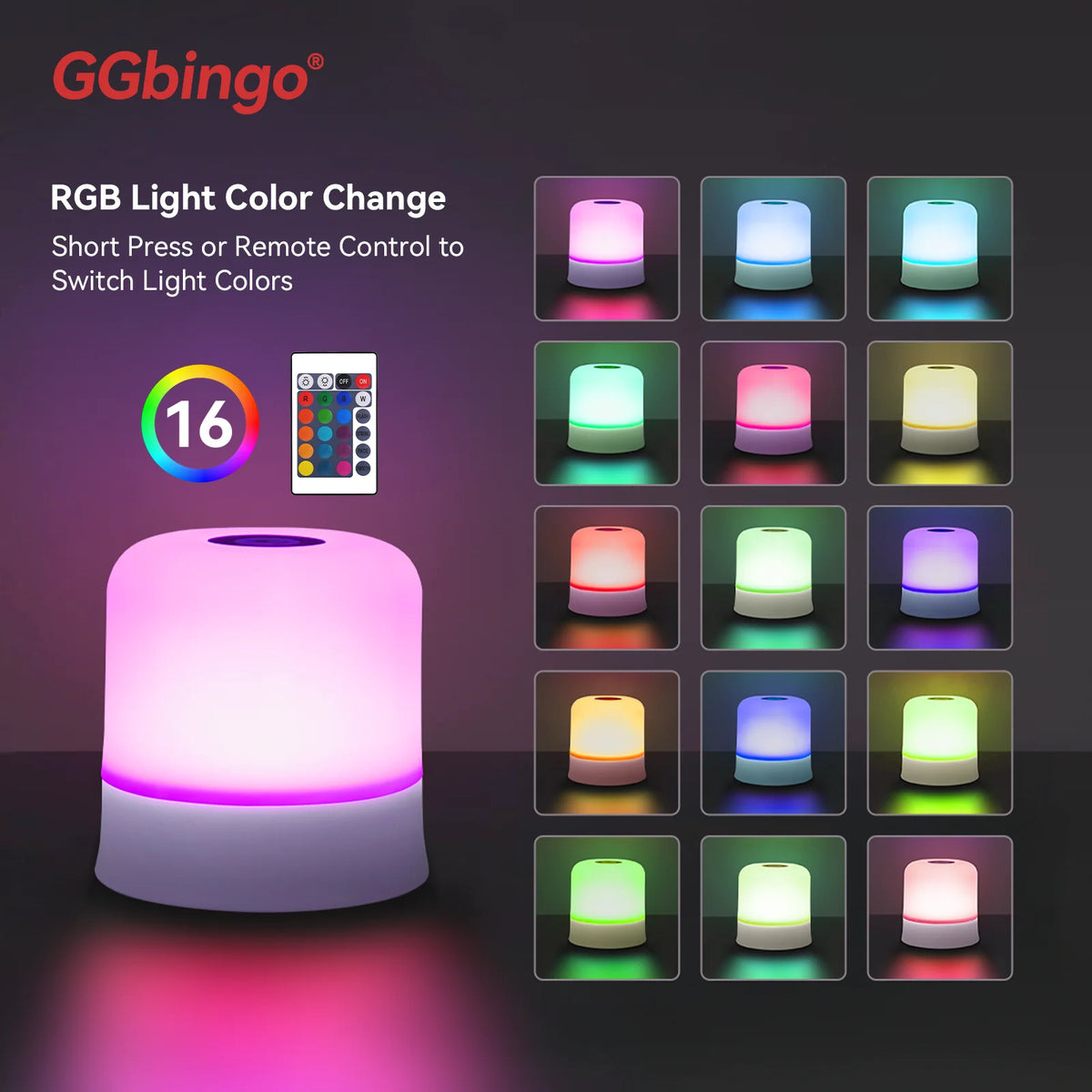 An RGB light color change night light is shown with various colored light options and a remote control.