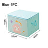 A light blue foldable storage box with a pink cartoon design and a handle.