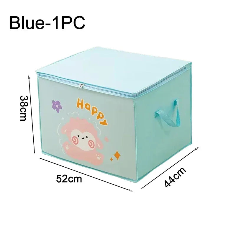 A light blue foldable storage box with a pink cartoon design and a handle.