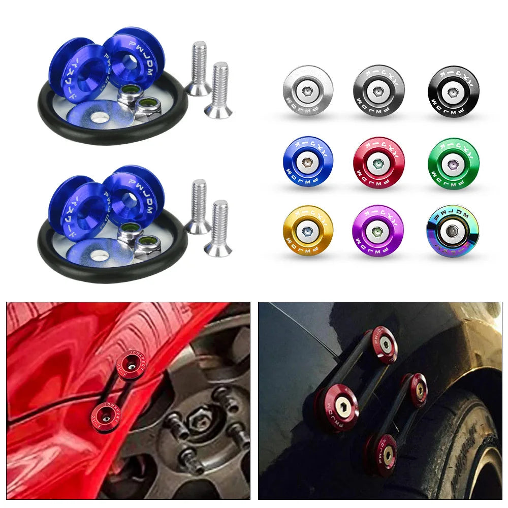 A set of aluminum quick release bumper fasteners including various sized bolts and mounting plates.