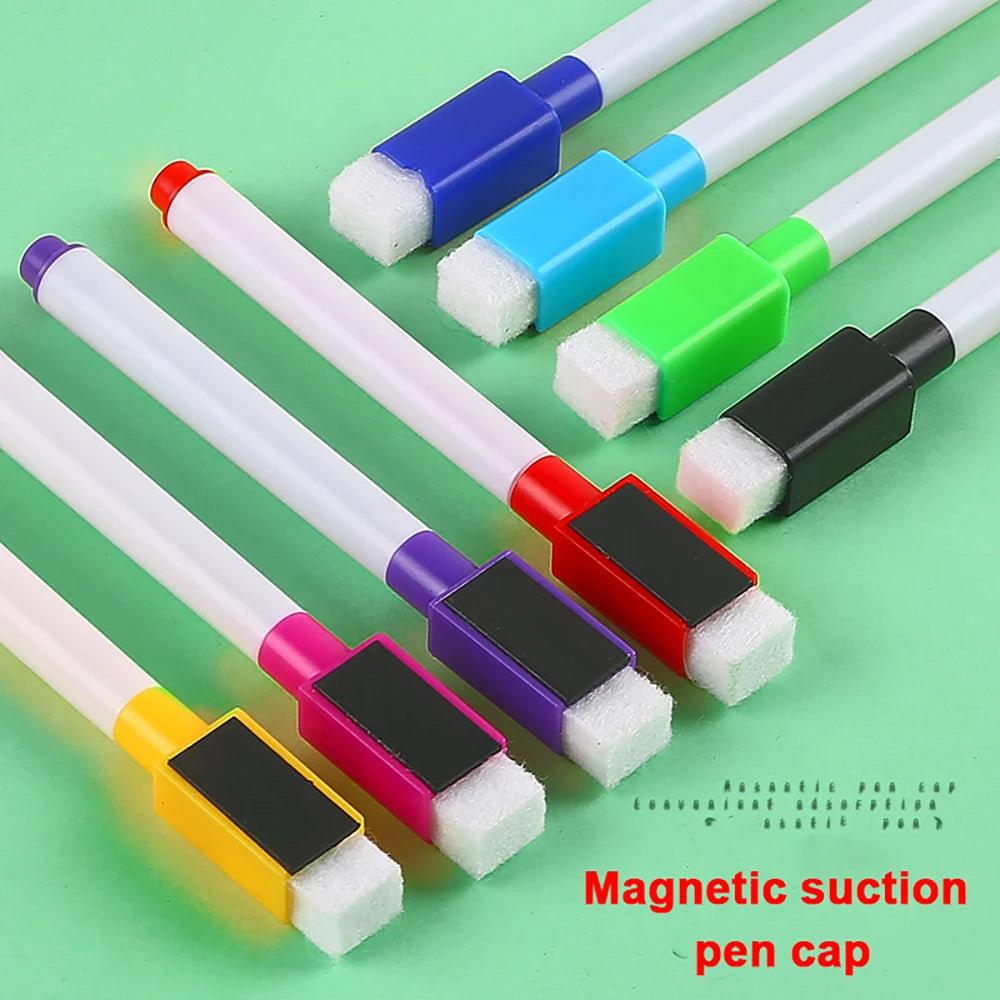 Eight magnetic suction pen caps for whiteboard markers in assorted colors