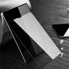 A close-up of a tempered glass screen protector for an iPad is shown on a wooden surface, with labels P, +, and 7 visible.