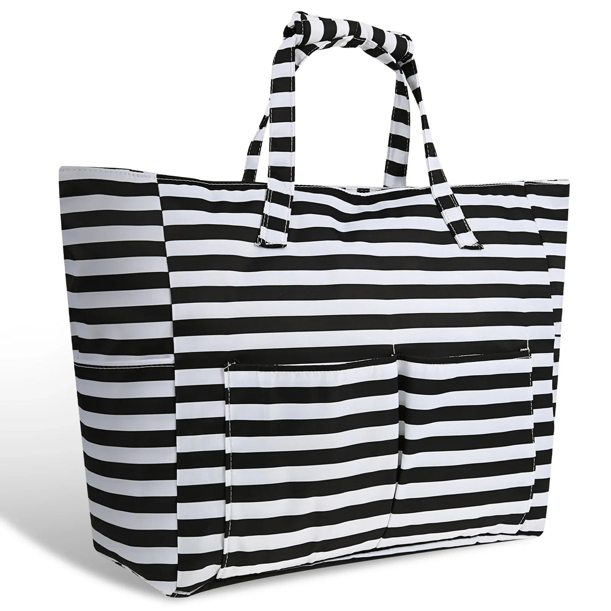Sac de plage imperméable rayé noir et blanc avec une poche mouillée visible.